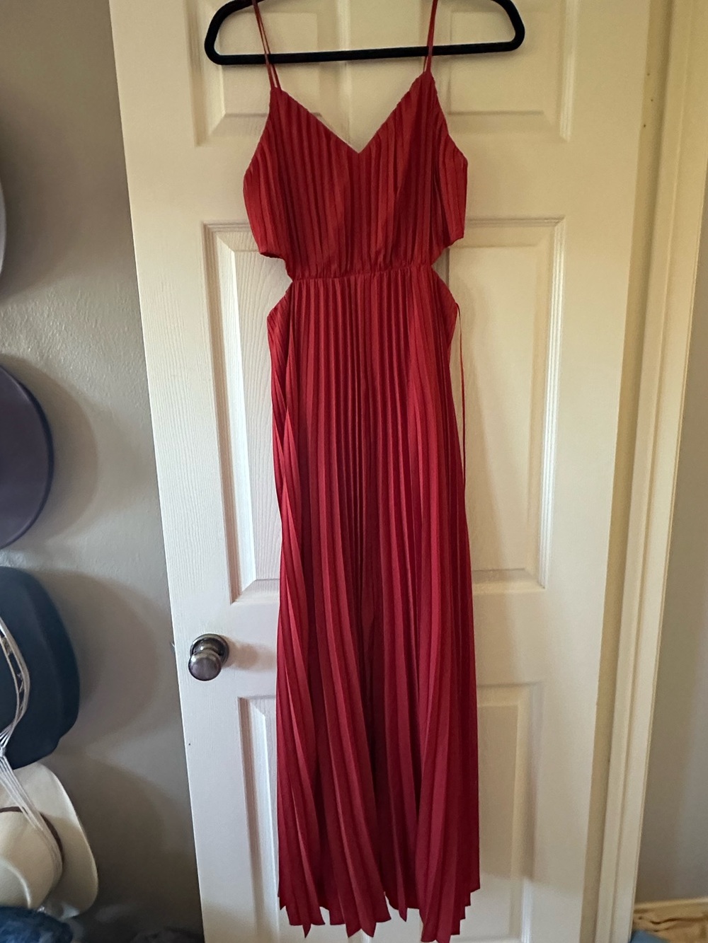 Express Red Pleated Maxi Dress with Spaghetti Straps